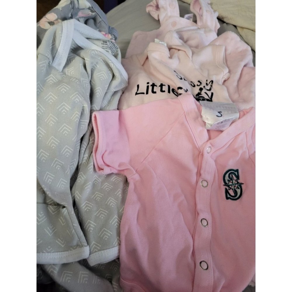 Lot 7 Baby Girl Clothing  Newborn 0-6 mo Swaddles Bodysuits Overalls Jacket